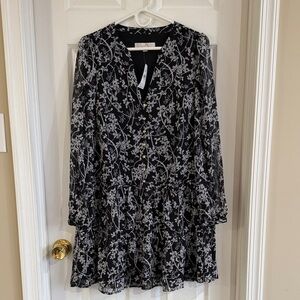 NWT LOFT Black Floral Long-Sleeve V-Neck Dress